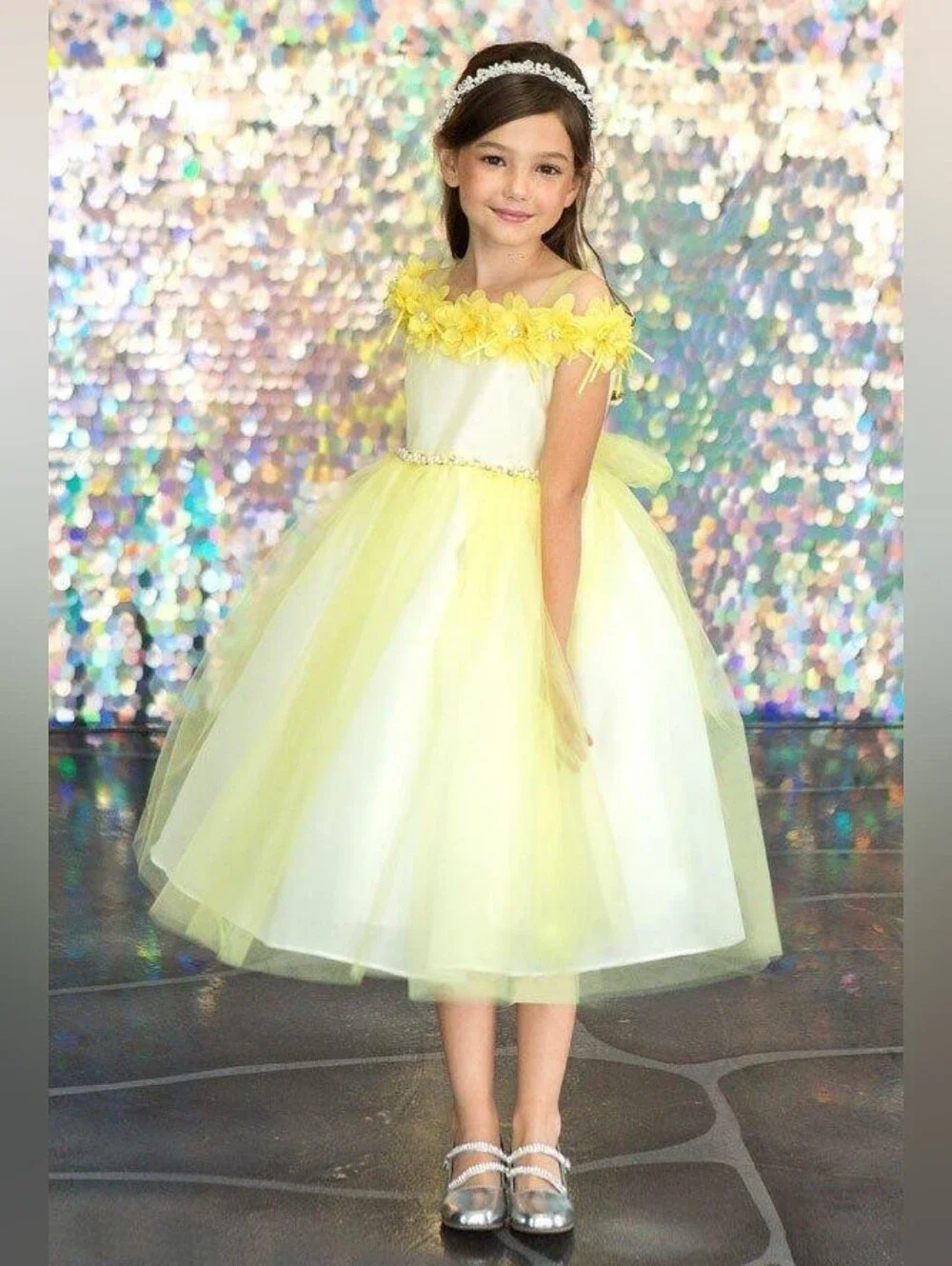 Girls 3D Floral Cold Shoulder Dress